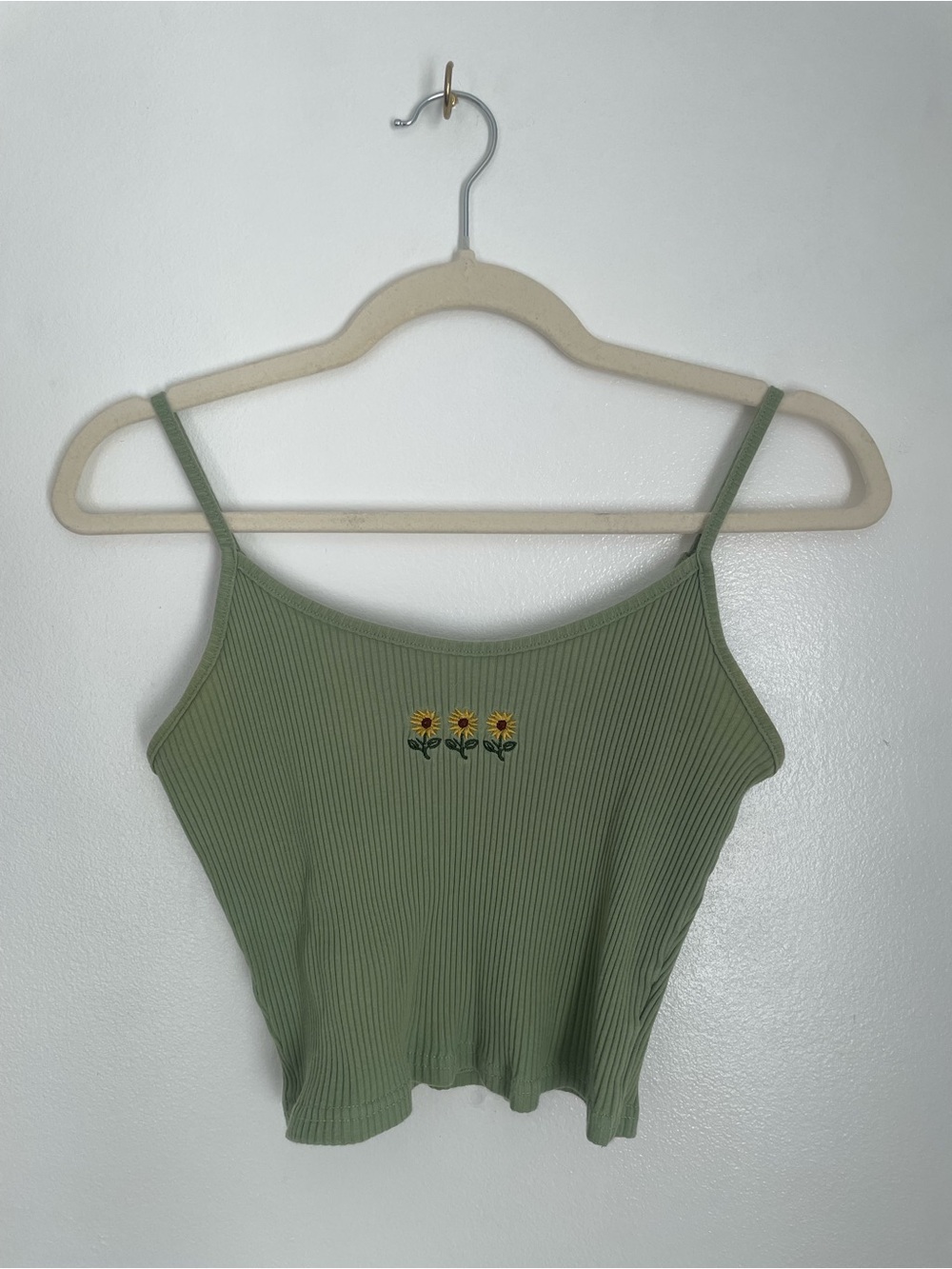 Green tank top with embroidered sunflowers size small with adjustable straps